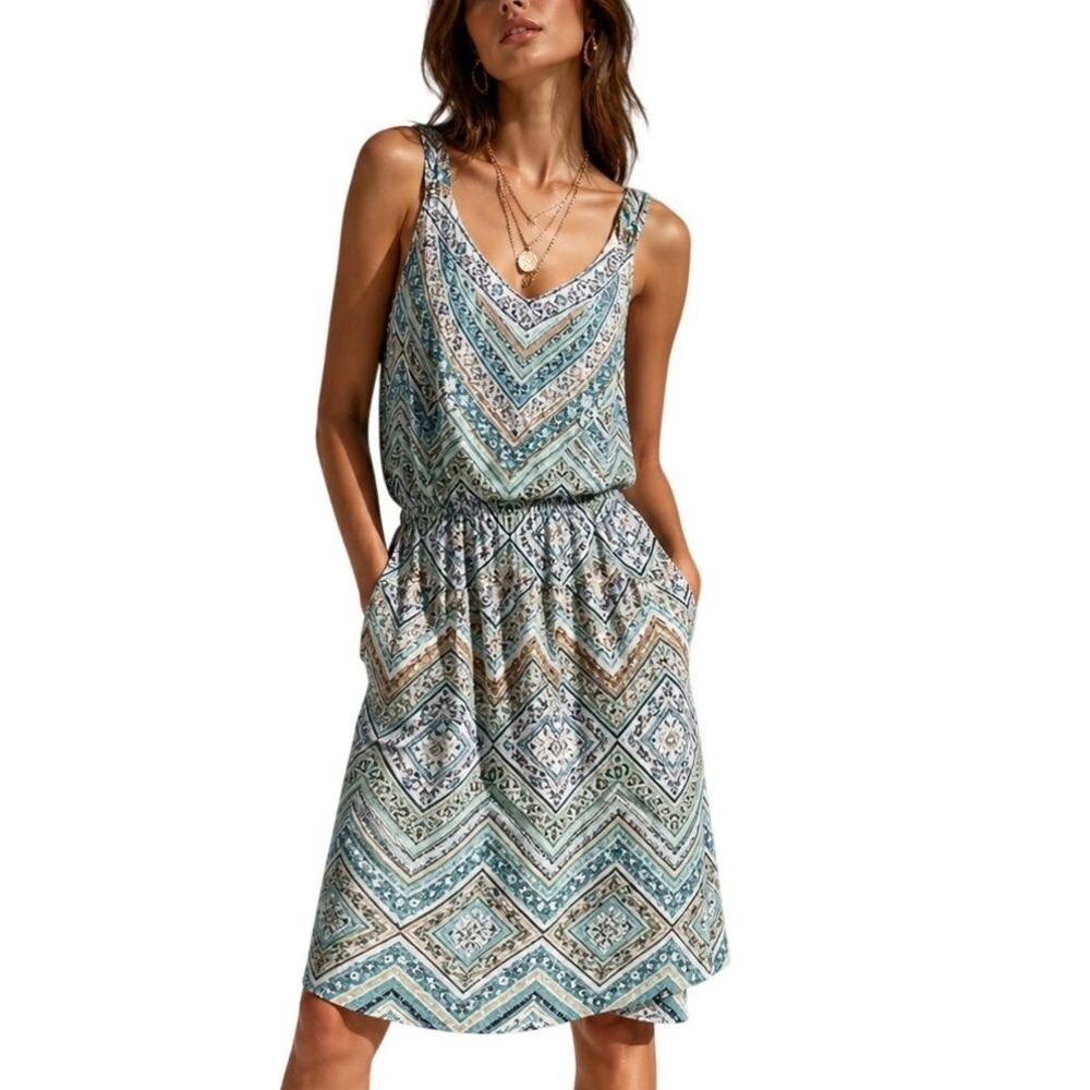White House Black Market Teal Geometric Chevron Sleeveless Dress Size‎ 4 V-Neck